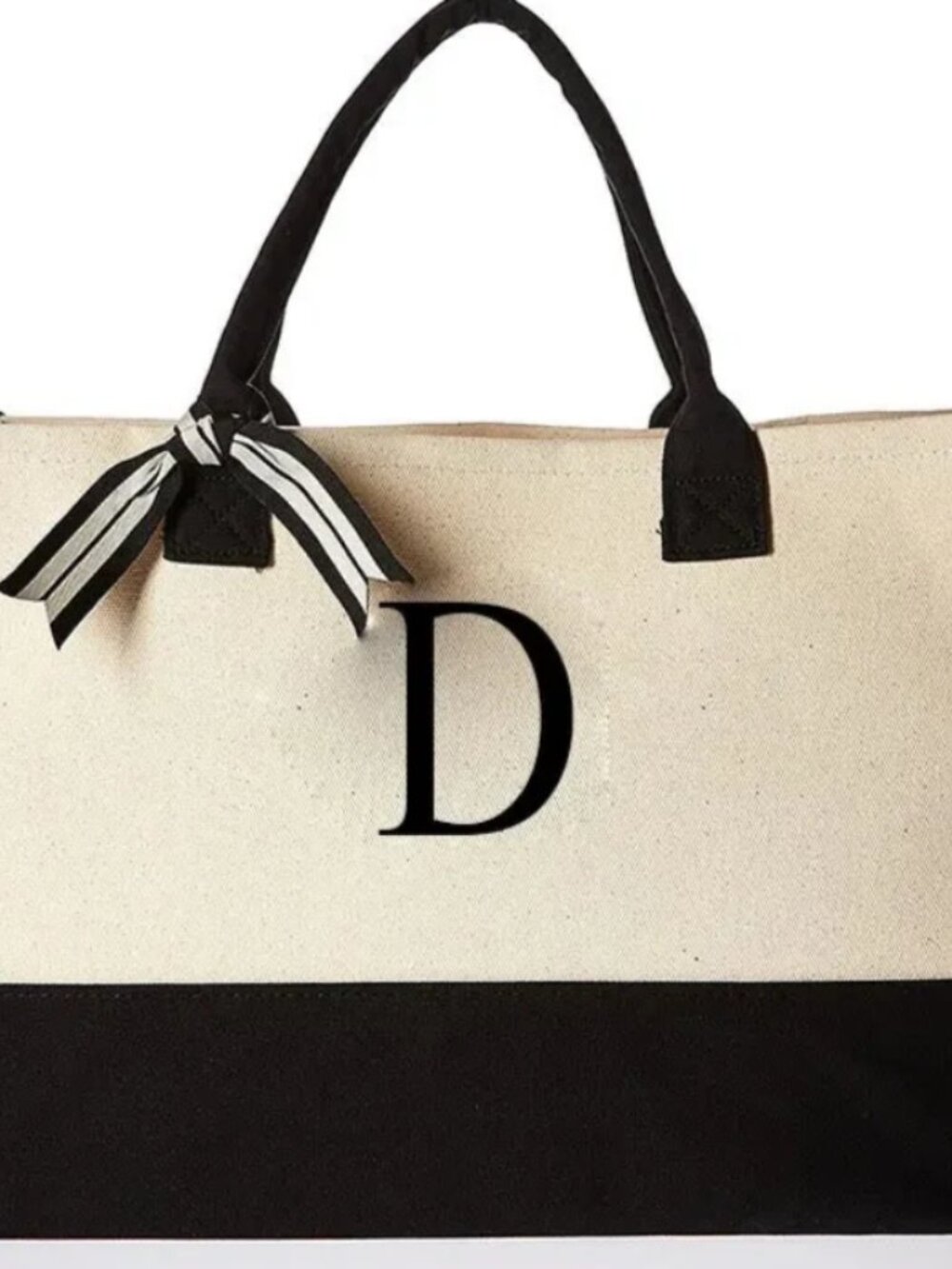Canvas D Initial Black/Cream Tote